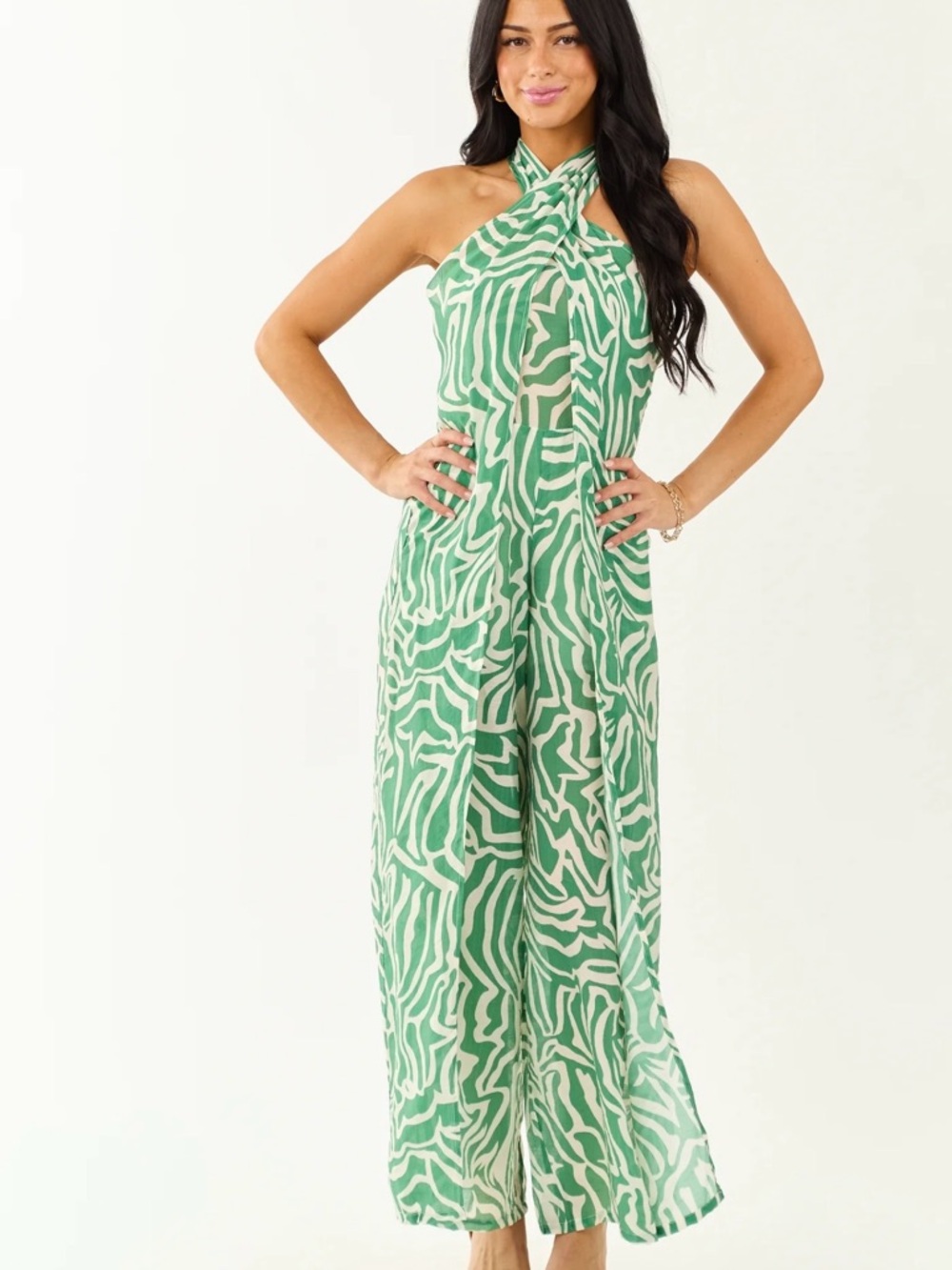 Very Classy Green Zebra-Print Halter Wide-Leg back less Jumpsuit by Lime Lush!